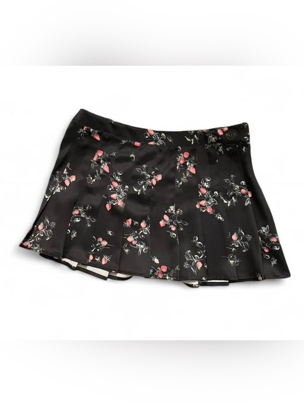 Kimchi Blue black all over strawberries coquette pleated skirt side zipper S New